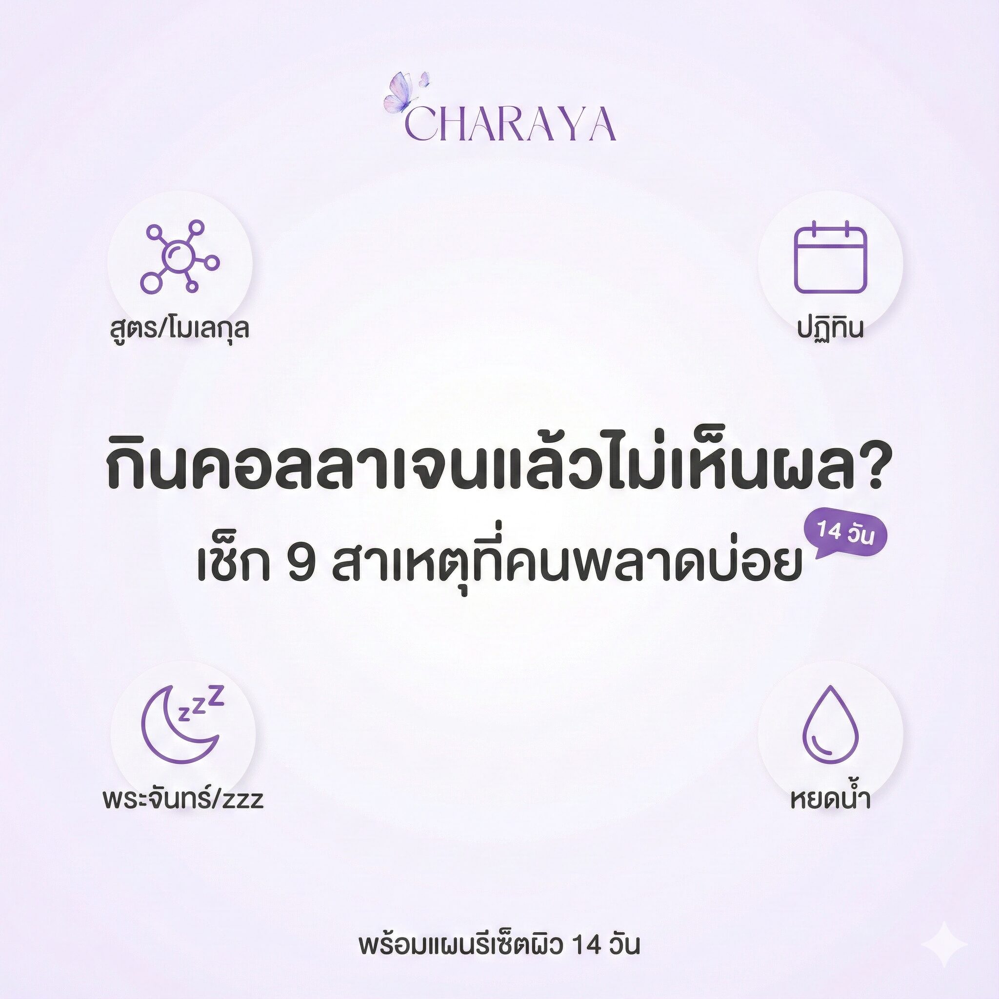 อินโฟกราฟิกกินคอลลาเจนแล้วไม่เห็นผล 9 สาเหตุและวิธีแก้ 14 วัน เพื่อคอลลาเจนผิวใส collagen และคอลลาเจนลดใต้ตาคล้ำ โดย charaya