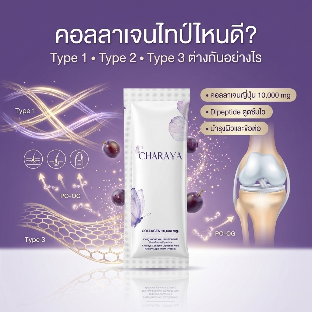คอลลาเจนไทป์ไหนดี, คอลลาเจน Type 1 2 3, Charaya Collagen Dipeptide Plus, คอลลาเจนบำรุงผิวและข้อต่อ, คอลลาเจนญี่ปุ่น 10,000 mg, คอลลาเจน Dipeptide, วิธีเลือกคอลลาเจน, รีวิวบิวตี้ 2026, คอลลาเจนปลาทะเล, ชาเรญ่า