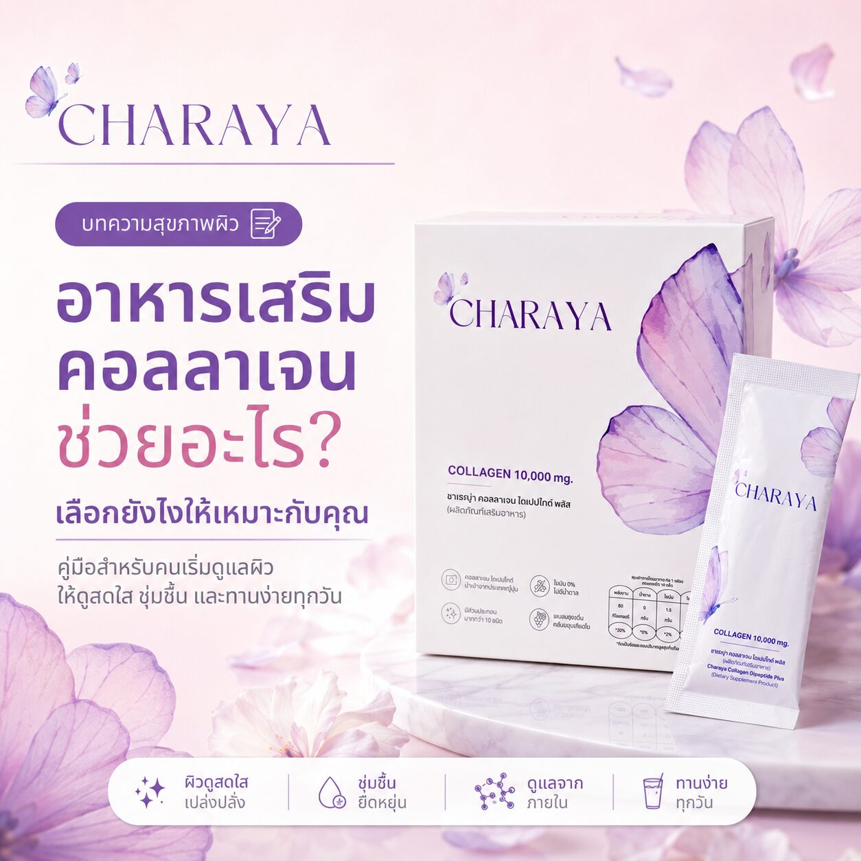 คอลลาเจน, คอลลาเจนผิวใส, collagen, คอลลาเจนลดใต้ตาคล้ำ, charaya, คอลลาเจนคืออะไร, อาหารเสริมผิว, ผิวชุ่มชื้น, ใต้ตาคล้ำ, ดูแลผิวจากภายใน
