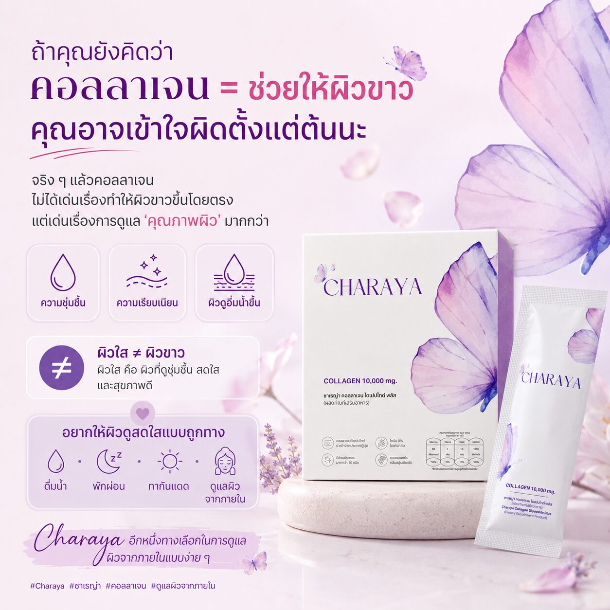 คอลลาเจนช่วยให้ผิวใส, คอลลาเจนช่วยอะไร, ผิวหมองคล้ำเกิดจากอะไร, คอลลาเจนผิวใส, Charaya, ผิวชุ่มชื้น, ผิวเรียบเนียน, ดูแลผิวจากภายใน, จุดด่างดำ, เมลานิน
