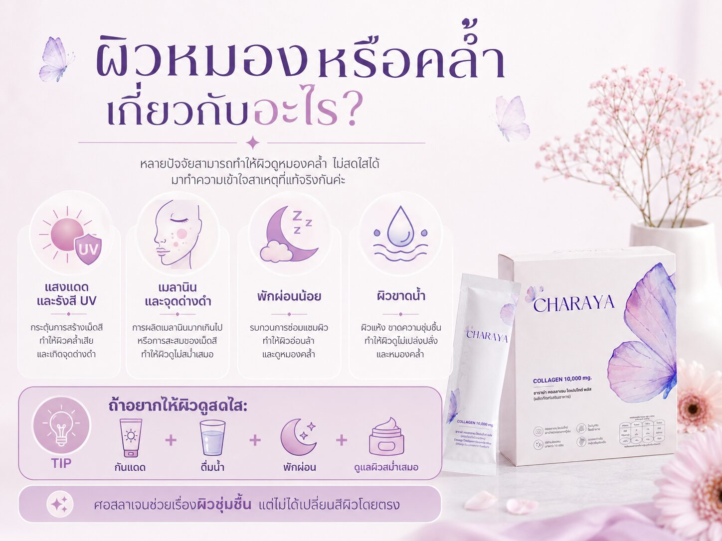 คอลลาเจนช่วยให้ผิวขาวจริงไหม, คอลลาเจนช่วยอะไร, คอลลาเจนผิวใส, ผิวหมองคล้ำเกิดจากอะไร, charaya, ผิวชุ่มชื้น, ผิวเรียบเนียน, ดูแลผิวจากภายใน, จุดด่างดำ, เมลานิน