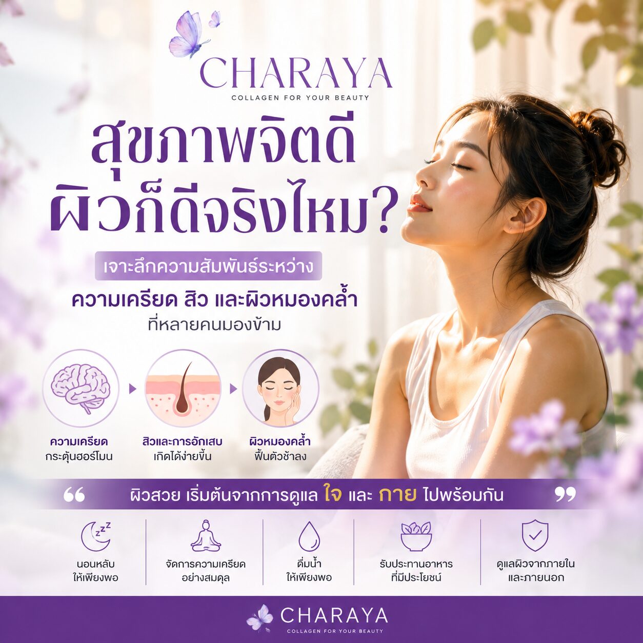 ความเครียด, สิว, สิวจากความเครียด, ผิวหมองคล้ำ, สุขภาพผิว, สุขภาพจิต, Stress Acne, Psychodermatology, Charaya, คอลลาเจน, ดูแลผิวจากภายใน, ผิวสุขภาพดี