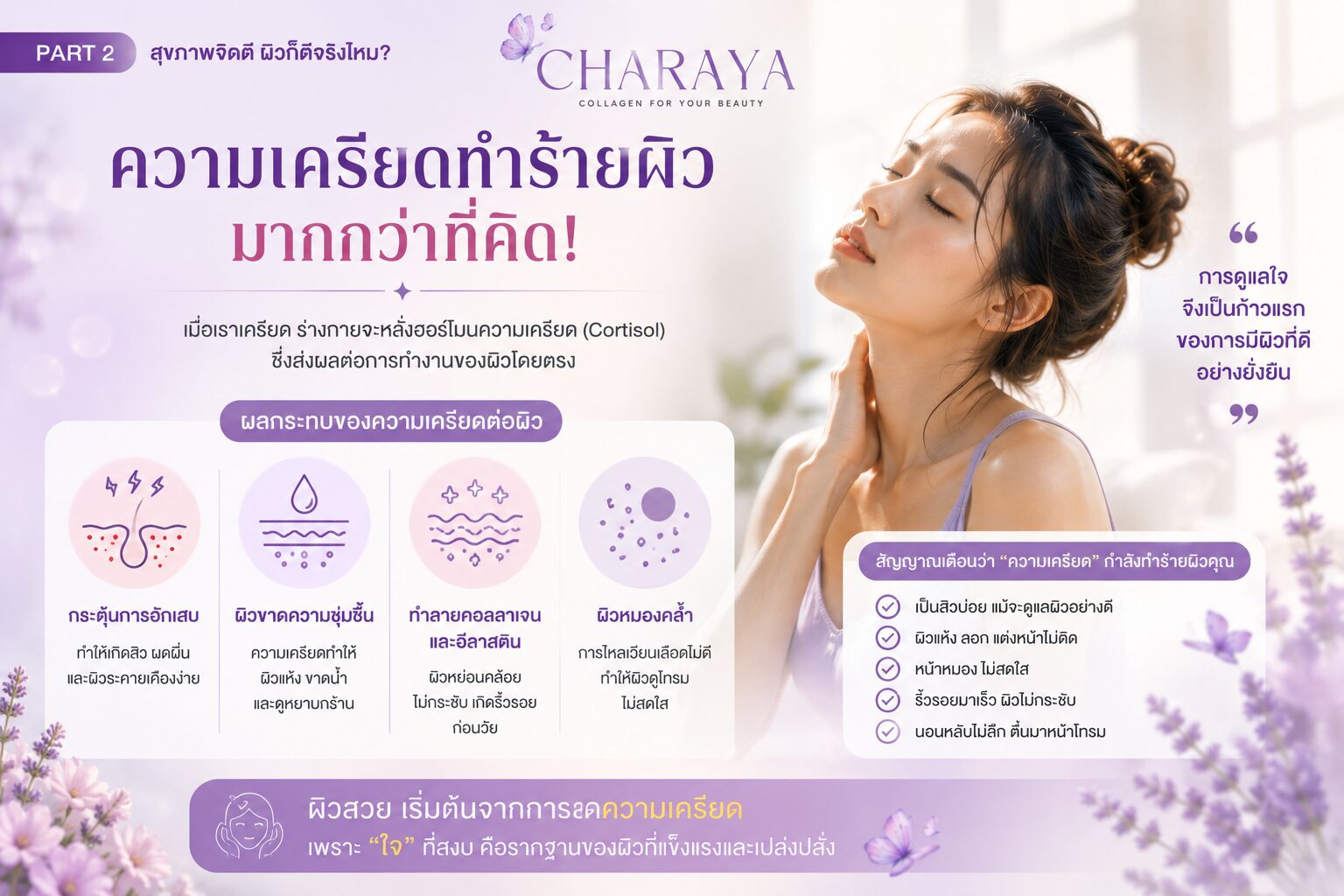 ความเครียด, สิว, สิวจากความเครียด, ผิวหมองคล้ำ, สุขภาพผิว, สุขภาพจิต, Stress Acne, Psychodermatology, Charaya, คอลลาเจน, ดูแลผิวจากภายใน, ผิวสุขภาพดี
